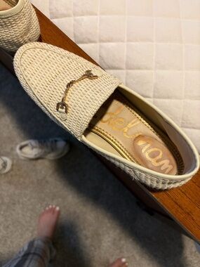 Sam Edelman Cream Woven Loafers with Gold Bit